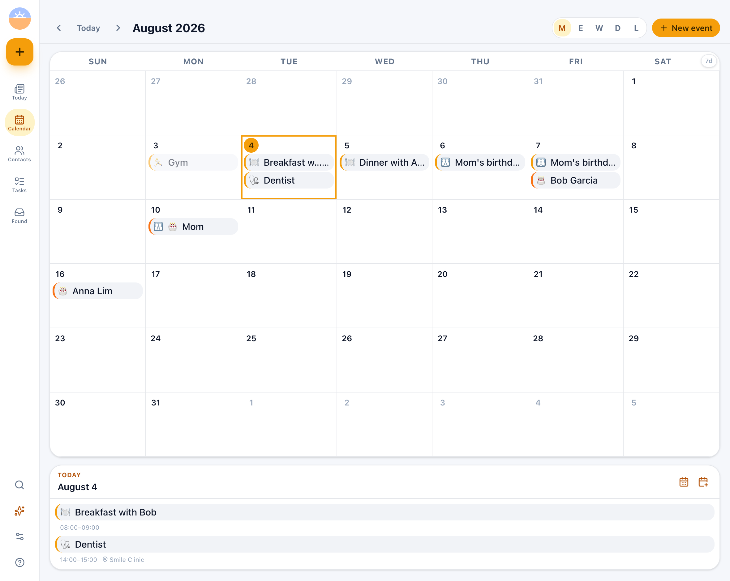 Daybook AI calendar unfolded — a full month grid with events and birthdays, today highlighted, and the day's agenda below