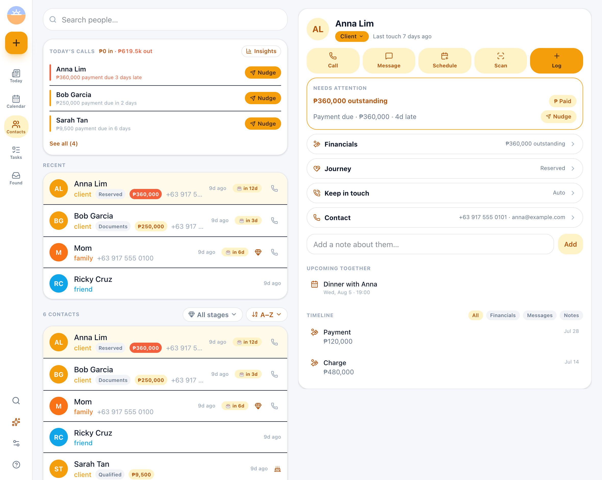 Daybook AI contacts unfolded — a list of people with what each client owes and their stage, beside one person's full record: outstanding balance, journey, timeline of payments and notes